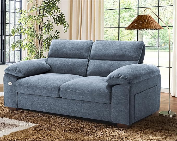 WorthFurni Sofas for Living Room, Chenille Pillow-Armrest Loveseat Couch Set, Small Sofa, 3 Seater Sofa, USB Charging, Removable Sofa Cover, Solid Wood Frame, Easy to Install (71.5 inch, Blue)