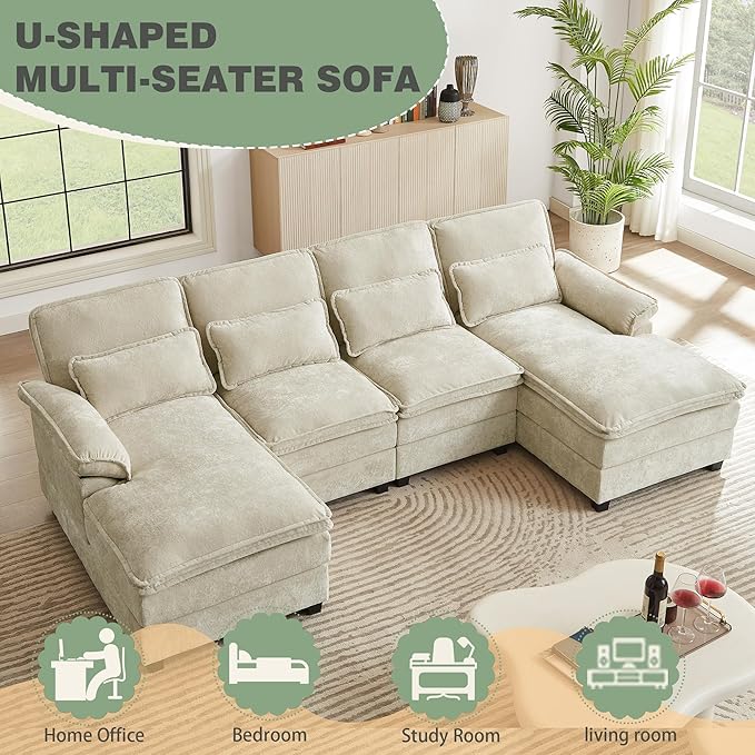 112" Modular Sectional Sofa, U Shaped Comfy Cloud Couch with Double Chaise and Padded Armrests, Modern Deep Seat Sectional Couches for Living Room, Apartment, Office, Beige
