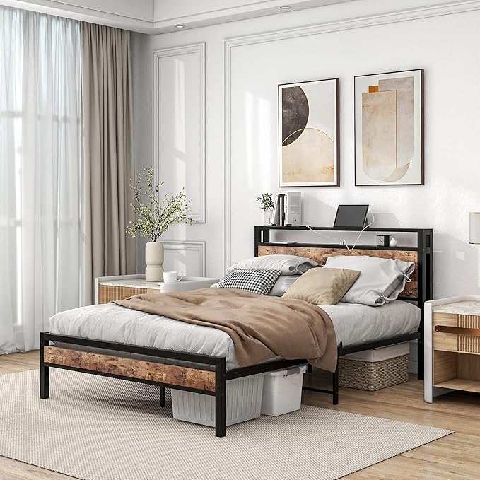 BOFENG Full Size Bed Frame with Storage Headboard,USB Charging Station,Metal Platform Double Bed Frame Full Size,Reinforced Steel Slats Support,No Box Spring Needed,Noise Free,Rustic Brown