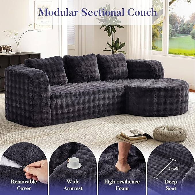 Hobestluk 96" Cloud Sectional Couch Modern Boneless Couch 3 Seater with Oversized Chaise L Shaped Modular Sofa Couches for Living Room Apartment No Assembly Required (Bubble Grey, Right Facing Chaise)