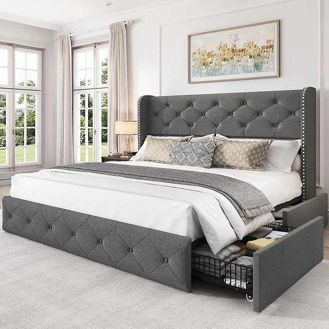 LARMACE Full Size Bed Frame with 4 Storage Drawers and 47.2" Tall Wingback Headboard Linen Upholstered Platform Bed Frame Tufted Beds with Wooden Slats Support, Easy Assembly, Light Grey