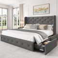 LARMACE Full Size Bed Frame with 4 Storage Drawers and 47.2" Tall Wingback Headboard Linen Upholstered Platform Bed Frame Tufted Beds with Wooden Slats Support, Easy Assembly, Light Grey
