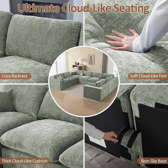 155''Cloud Boneless Sectional Couch, Modular Sectional Sofa Deep Seat, Oversized Upholstered Convertible Comfy 8 Seater Chenille Memory Foam Sofa U Shape Couches for Living Room, Green