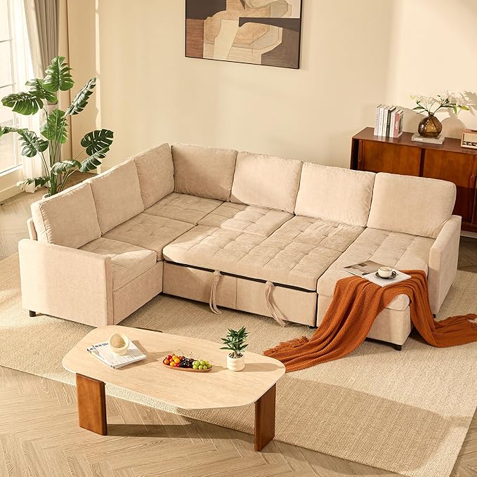 107" Sleeper Sofa, Set of Modular Pieces with Pull Out Bed, U Shaped Sectional Couch with Storage, Extra Wide&Deep Seat Couches for Living Room, Removable Sofa Cover, Chenille-Flat White