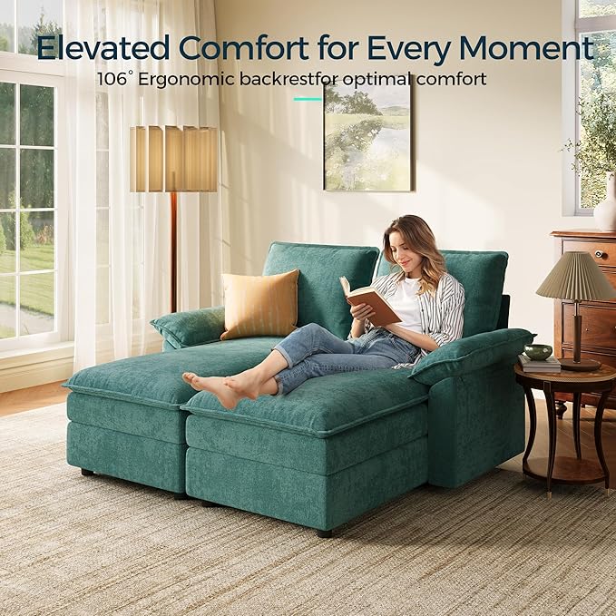 LINSY HOME Modular Sofa Chaise Lounge, 65" Cloud Sofa Bed Lounge with Armrests, Chenille Sleeper Sofa for Living Room, Apartment, Home Theater, Green