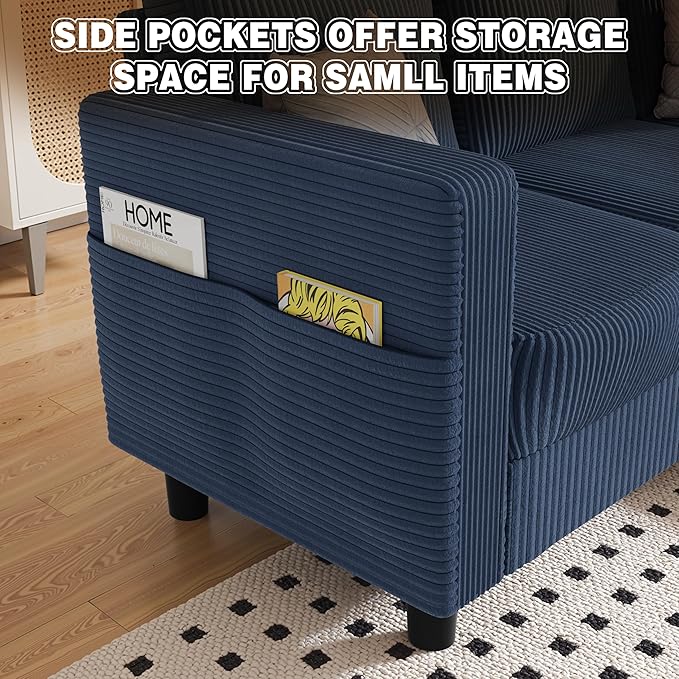 JAMFLY Convertible L-Shaped Sectional Sofa with Reversible Storage Ottoman, 3-Seat Couch with Side Pockets, Modern Compact Furniture for Small Apartments, Studios & Lofts, Blue