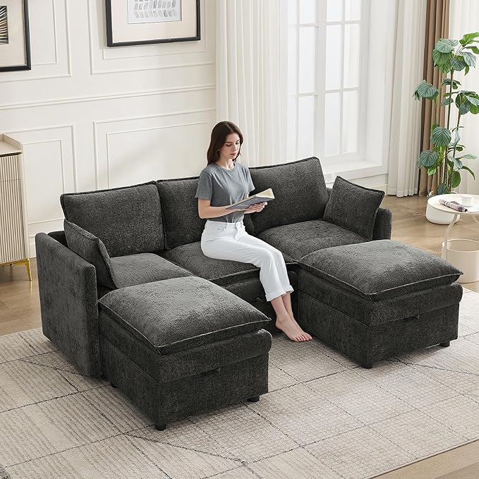 80" Cloud Modular 3 Seater Sofa with 2 Storage Ottoman, Modern Storage Sofa Couch Deep Seat, U Shape Sectional Sofa Chenille Comfy Couch with Armrests for Living Room, Small Space, Dark Grey | Modular Sofa, Storage Ottoman, Upholstered Sofa, Sectional ...