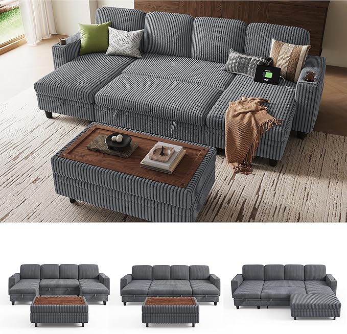 LINSY HOME Sectional Sleeper Sofa with Pull Out Couch Bed for Living Room (Grey) | Plush Corduroy, Storage Ottoman, Storage Chaise, Pull Out Couch, USB Charging
