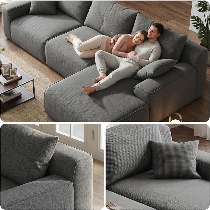 97”Modular Sectional Sofa, Cloud Sectional Couch with Deep Seat, Modern Modular L-Shape Sofa Couch, Upholstered Boneless Couches for Living Room Bedroom (Grey Check, Right Facing Chaise)