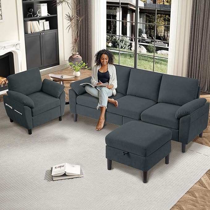 3 Piece Convertible Sectional Sofa Set, Modern Linen Small L Shaped Couch with Reversible Ottoman and Accent Chair, 3-Seat Sofa Couches for Living Room, Office, Apartment, Dark Grey