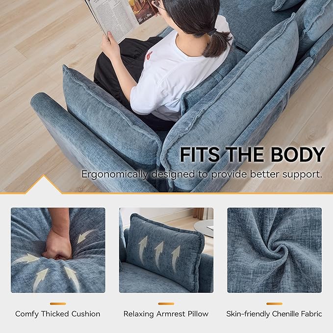 113'' V Shaped Cloud Sectional Sofa, Oversized Deep Seat Couches for Living Room, Chenille Comfy Upholstered Modular Sectional Sofa Couch, Blue