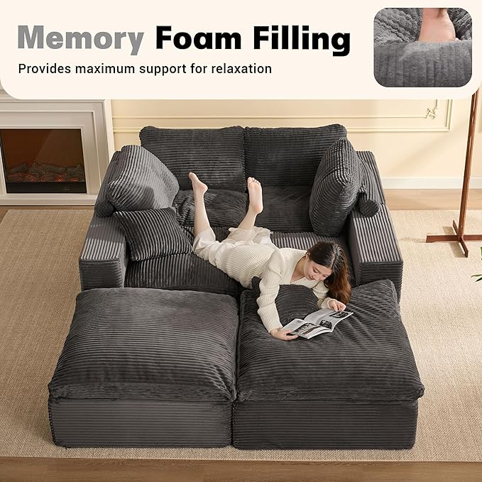 137.8” Sectional Couches for Living Room, Set of Cloud Couch, Modular Sectional Sofa, Convertible Sofas Bed, Deep Seat Sofa, U Shaped Cozy Sofa Furniture Set, Corduroy, Gray