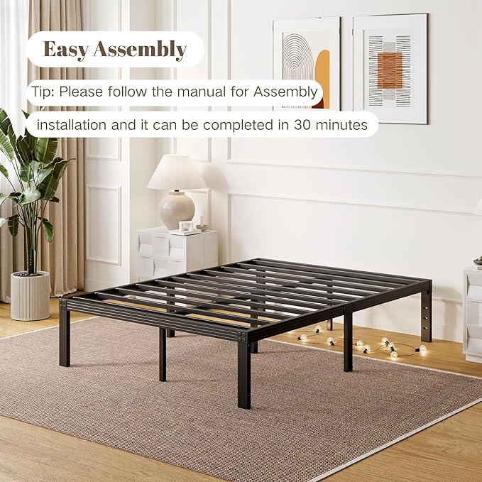 ZIYOO Full Size Bed Frame with Heavy Duty Steel Slat, 14 Inches Platform Bed Frame, Non-Slip Design, No Box Spring Needed, Easy Assembly, Quiet Noise Free, Under Bed Storage Space, Black