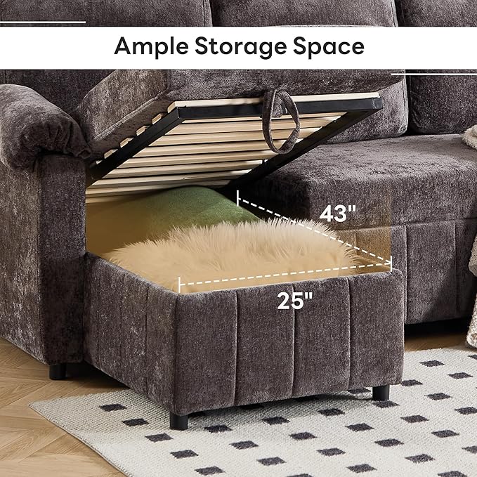 Tbfit 108'' Pull Out Sofa, Cloud Sleeper Sofa Bed with USB & 2 Storage Chaises, Comfy Oersized U Shaped Convertible Sectional Sleeper Couches for Living Room, Apartment, Office, Dark Gray