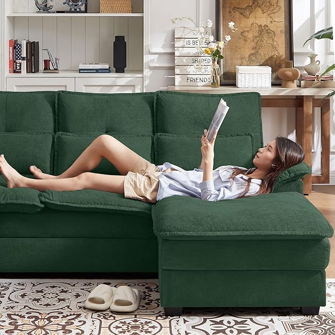 110" Convertible Sectional Sofa, U Shape Cloud Couch, Comfy Couches with Double Chaise and Sleepable Armrests, 4 Seats Sectional Couches for Living Room, Green