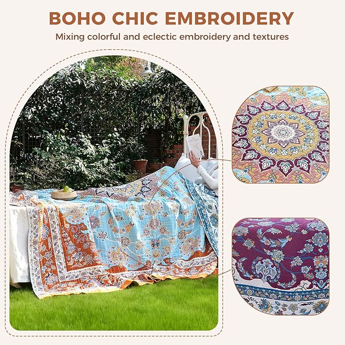 LUTBM Boho Throw Blanket for Bed Cotton Spring Blankets for Bedroom Living Room Twin All Season Lightweight Floral Embroidery Quilt for Couch Sofa Chair 60"x80" Home Decor
