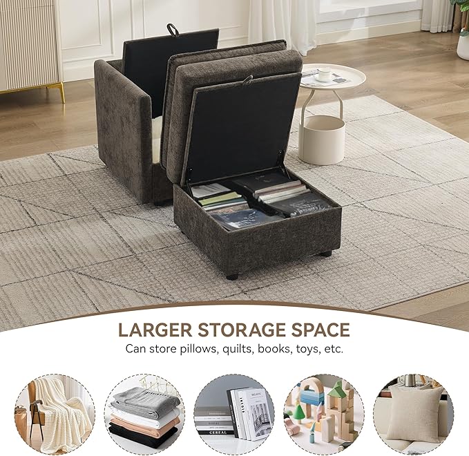 30" Cloud Modular Single Sofa Chair with Storage Ottoman, Modern Upholstered Accent Chair with Storage, Chenille Reading Lounge Armchair for Living Room, Bedroom, Small Space, Brown | Sofa Chair, Upholstered Chair, Accent Chair, Reading Lounge, Armchair