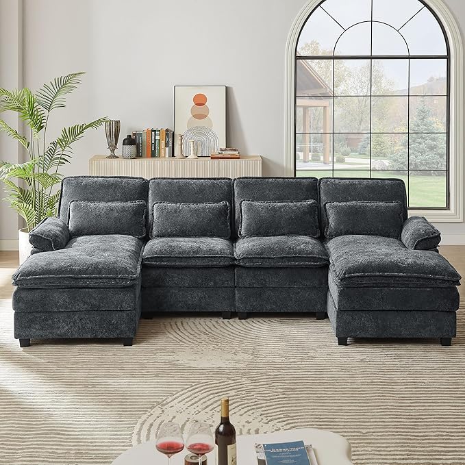 112" Modular Sectional Sofa, U Shaped Comfy Cloud Couch with Double Chaise and Padded Armrests, Modern Deep Seat Sectional Couches for Living Room, Apartment, Office, Dark Grey
