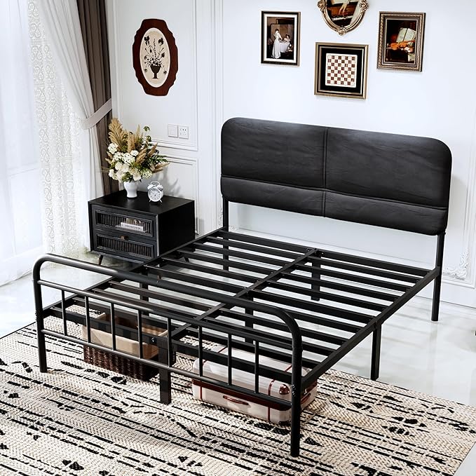 14Inch Metal Bed Frame,King Size Bed Frame with Upholstered Headboard,Heavy Duty Sturdy Mattress Foundation,Easy Assembly,No Box Spring Needed,Grey-King