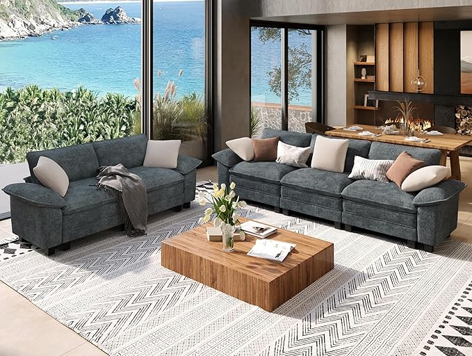Sofa and Loveseat Set, Oversized Chenille Modular Love seat and 3-Seat Couch with Pillows, 2 Piece Modern Cloud Sectional Deep Seat Sofa Furniture Set for Living Room, Cyan
