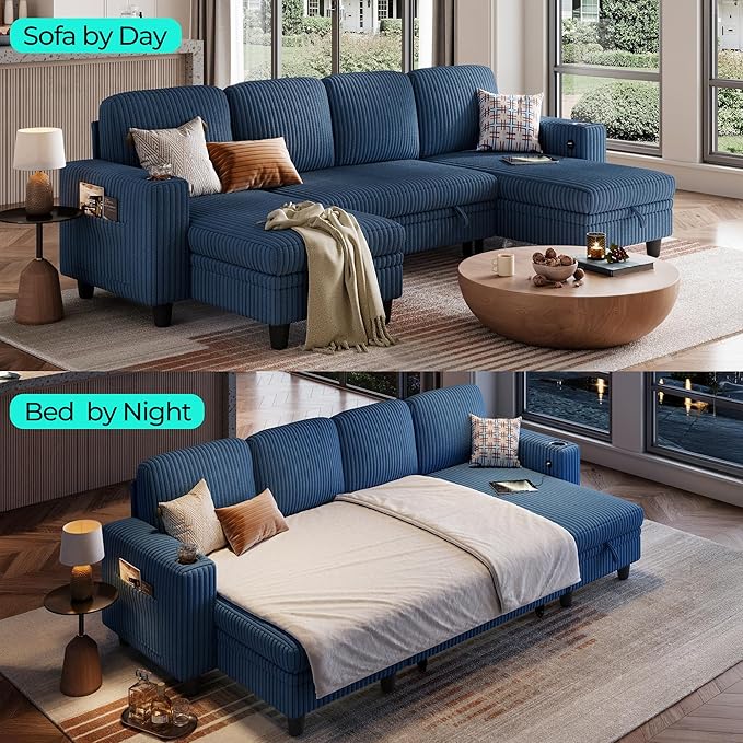 LINSY HOME Sectional Sleeper Sofa Pull Out Couches for Living Room (Blue, Sleeper Sofa 3) | Pull Out Sofa Bed, Storage, USB Charging, Cup Holders, Plush Corduroy