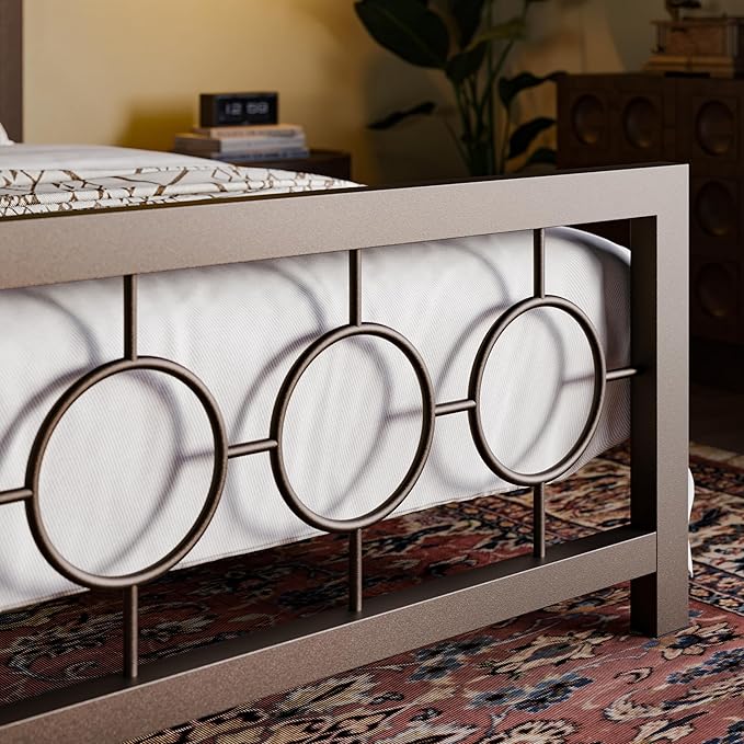 SHA CERLIN King Size Metal Bed Frame with Vintage Circular Design Headboard and Footboard,No Box Spring Required, Easy Assembly,Noise-Free,Brown