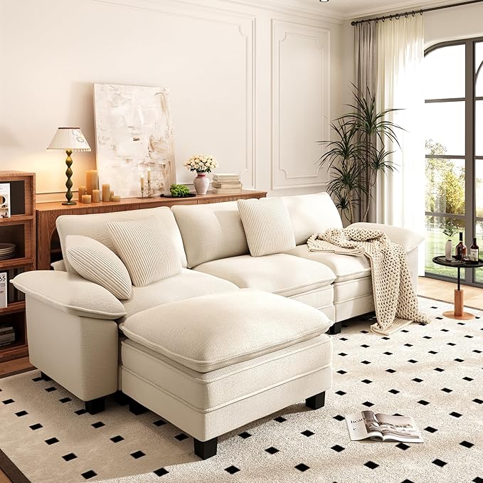 PHI VILLA Cloud Modular Couch Sets, 123.6" Sectional Sofa with L-Shaped Chaise, 4-Seater Upholstered Couches with Movable Ottoman for Living Room, Chenille Fabric, Beige