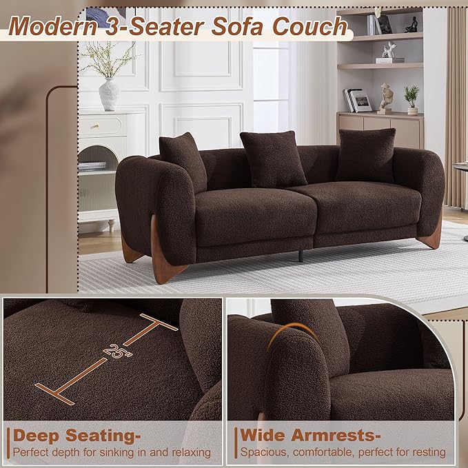 87" Sherpa Boucle Cloud Couch Modern 3 Seater Sofa with Solid Wood Legs, 25" Extra Deep Seat, Comfy Thick Cushion Upholstered Sofa Couches with 3 Pillows for Living Room, Brown