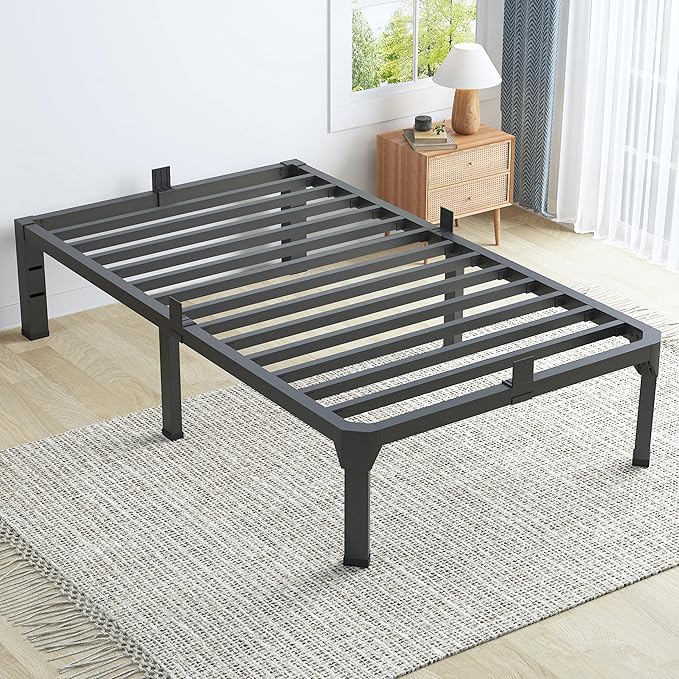 Superay Twin Bed Frame with Mattress Slide Stopper, 18 Inch Metal Platform Bed Frame, Heavy Duty Tall Bed Frame No Box Spring Needed with Large Storage Space, Easy Assembly, Noise Free