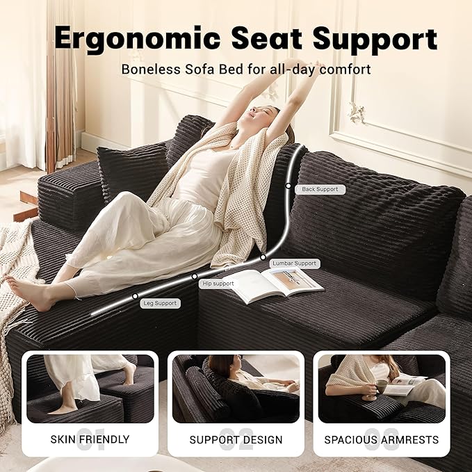 138" Boneless Couch with Deep Seat, Set of Modular Sectional Sofa, Cloud Sectional Couch for Living Room, No Assembly Required, Corduroy, 4 Seater L-Shape Left, Black