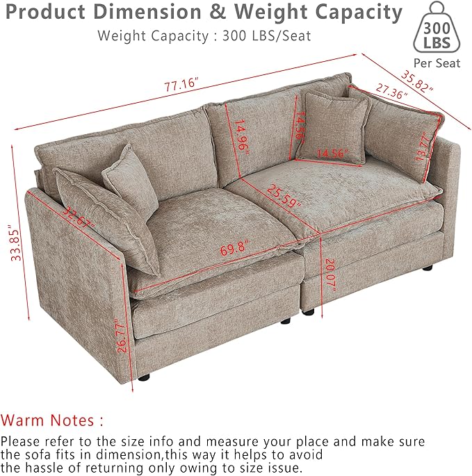 Setawix Chenille Loveseat Sofa Couch with Deep Seat,Large 2 Seater Cloud Couches for Living Room,77.16" Roomy Cloud Sofas,Modular Sectional 2 Seat Sofa with Pillows for Bedroom. (Coffee, 2 Seater)