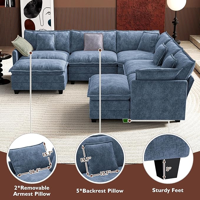 Ihanherry 114" V-Shaped Modern Sofa Modular Sectional Cloud Couch with 2 Ottoman, 7-Seat Chenille Deep Seat Sofa with Corner Section for Living Room, Bedroom and Apartment, Blue