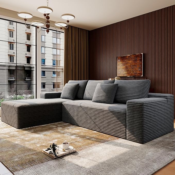 Boneless Modular Sectional Sofa, Cloud Couch with Left Facing Chaise, Oversized Deep Seat, L-Shaped, Soft Corduroy Fabric, Sectional Couch for Living Room -Grey