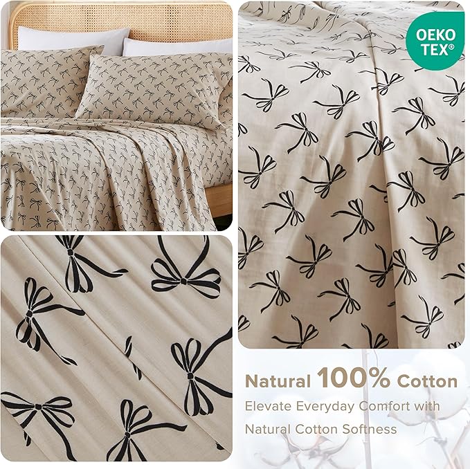 Comfort Spaces 100% Cotton Sheets Twin XL, Breathable, Naturally Cool Cotton Sheets, Cotton Bed Sheets with 12" Elastic Pocket Fits up to 14" Mattress, All Seasons Sheet Set, Bow Black/Taupe 3 Piece
