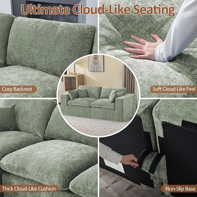 83''Cloud Boneless Sectional Couch, Modular Sectional Sofa Deep Seat, Upholstered Convertible Comfy Loveseat Chenille Memory Foam Sofa Couches for Living Room, Green