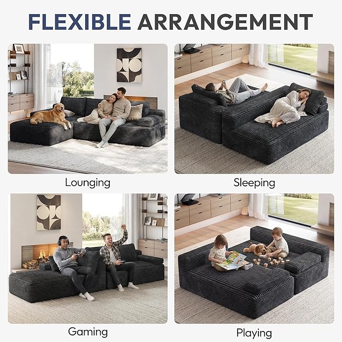 Yaheetech 110" Modular Sectional Sofa Corduroy Boneless Couch with Chaise L-Shape Cloud Couch with Detachable Pillows No Assembly Sofa for Living Room, Dark Gray