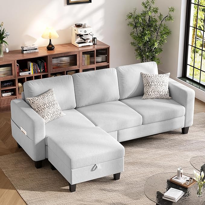 Sectional Sofa and Couches for Living Room, 78'' White 3 Seat L-Shaped Couch with Movable Ottoman, Comfy Velvet Convertible Sectionals Sofas with Chaise for Apartment, Dorm, Small Space