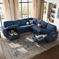 LINSY HOME Sectional Sleeper Sofa Pull Out Couches for Living Room (Blue, Sleeper Sofa 5) | Pull Out Sofa Bed, Storage, USB Charging, Cup Holders, Plush Corduroy