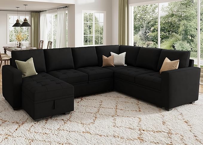 HONBAY Modular Sectional Sleeper Sofa with Pull Out Bed, Velvet Convertible L Shaped Couch with Storage Seat, Sectional Couches for Living Room, Black