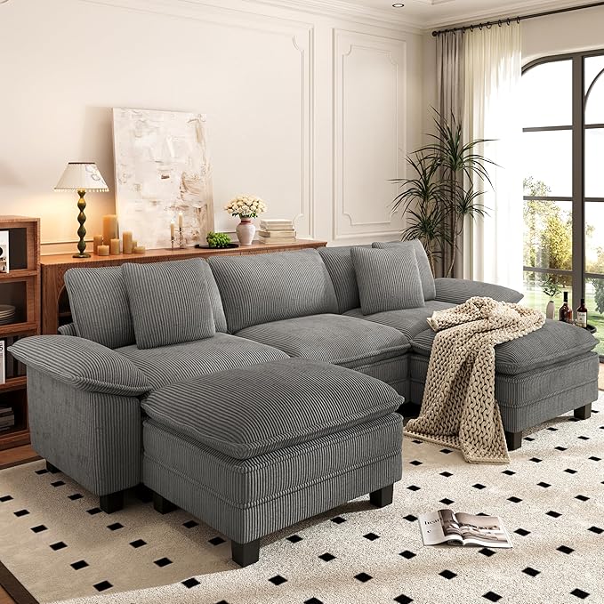 PHI VILLA Cloud Modular Couch Sets, 123.6" Sectional Sofa with U-Shaped Chaise, 5-Seater Couches with 2 Movable Ottomans for Living Room, Corduroy Fabric, Grey