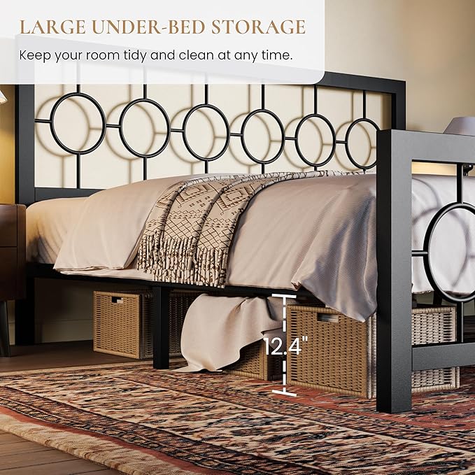 SHA CERLIN King Size Metal Bed Frame with Vintage Circular Design Headboard and Footboard,No Box Spring Required,Easy Assembly,Noise-Free,Black