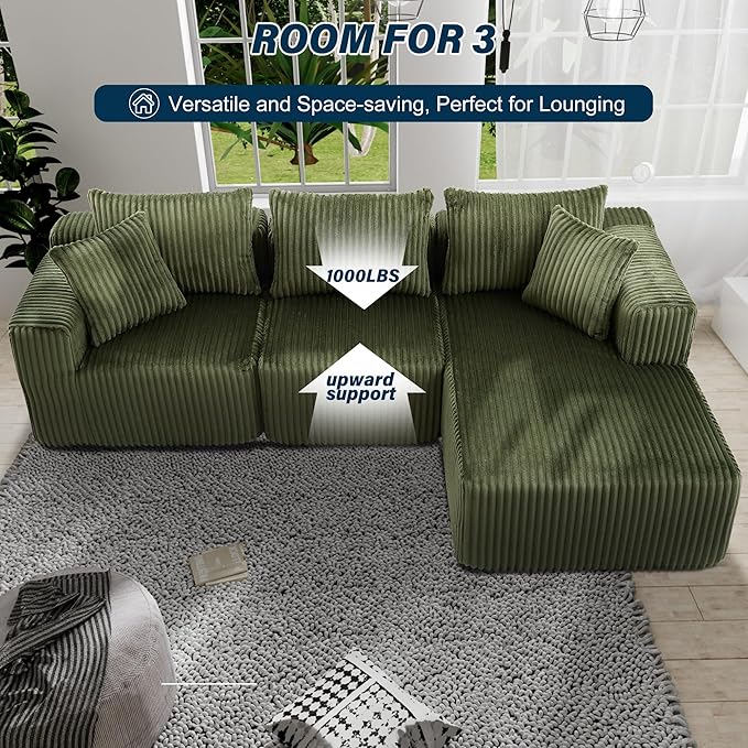3 Seater L Shaped Sofa with Deep Seat, 101" Cloud Sectional Couch with Chaise, Cozy Modular Couches Sleeper, Oversized Corduroy Sofa for Living Room Bedroom Apartment, Green