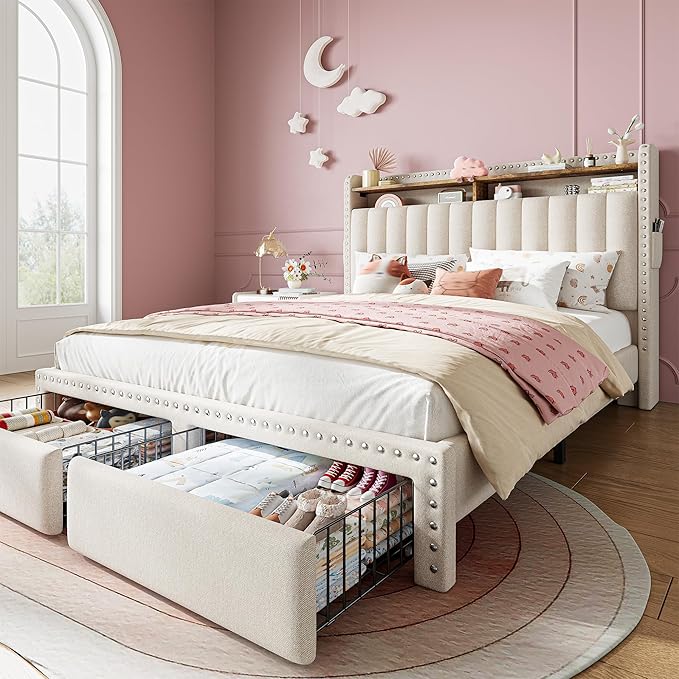EnHomee Full Size Bed Frame, Upholstered Full Bed Frame with 2 Storage Drawers and 2-Tier Headboard, Vertical Tufted Headboard Design, Extra Storage Space for Bedroom Apartment, Beige