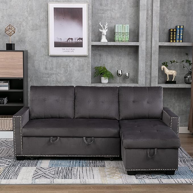 HABITRIO Sectional Sofa with Pull-Out Sleeper Bed, 76.8" Velvet Upholstered 2-Seat Solid Wood Frame Couch & Reversible Storage Chaise Lounge, Modern L-Shaped Corner Sofa for Living Room, Office