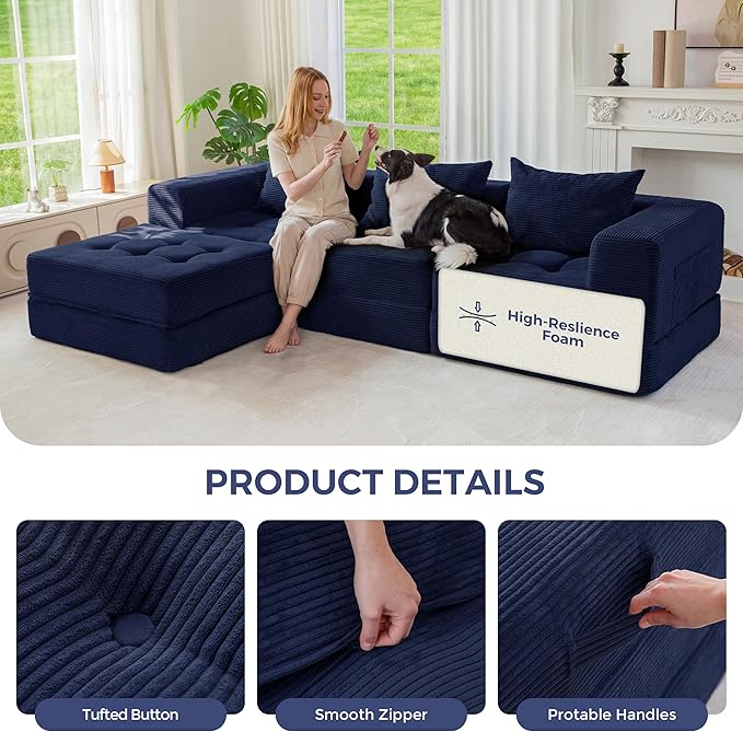 MAXYOYO Modular Sectional Sofa Couch, Foldable L-Shaped Folding Sofa Bed with Ottoman, Convertible Sectional Couch Corded Tufted Floor Sofa Lounger with Pillows for Living Room, No Assembly, Navy