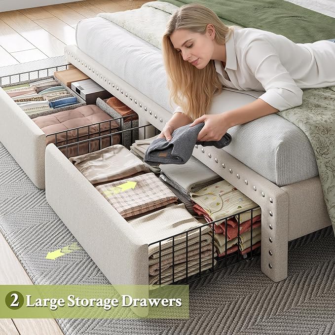 EnHomee Queen Size Bed Frame, Upholstered Queen Bed Frame with 2 Storage Drawers and 2-Tier Headboard, Vertical Tufted Headboard Design, Extra Storage Space for Bedroom Apartment, Beige