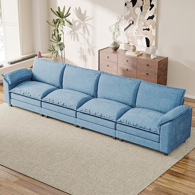 158.6'' Sectional Cloud Couch with 4 Seats & Wide Armrests, Oversized Linear Sofa with Double Layer Cushions, Comfy Chenille Couches for Living Room and Apartment (Dark Blue, Linear Sofa)