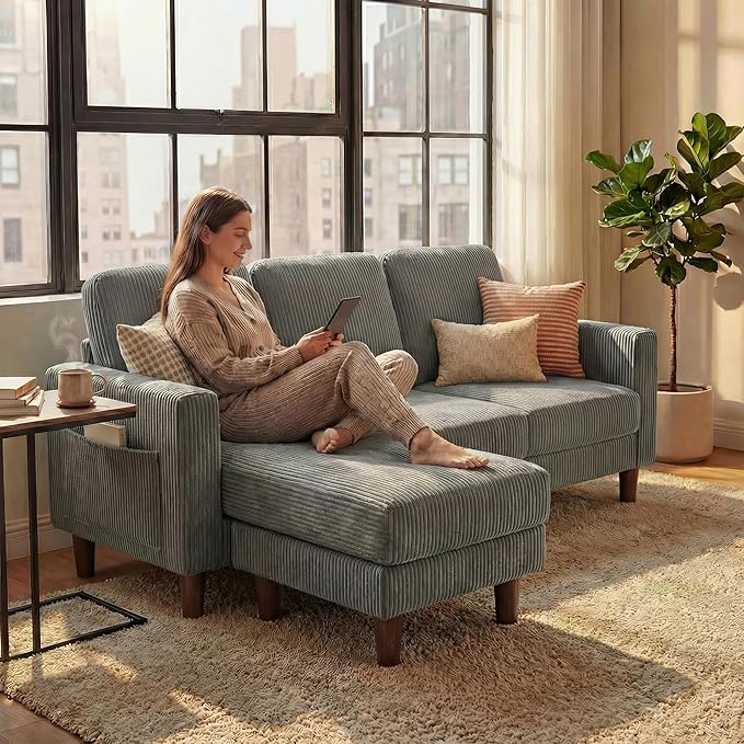 YESHOMY L-Shaped Sofa Couch, Small Couch with Reversible Chaise and Ottoman, Convertible Sectional Comfy 3 Seat Sofas with Side Pockets for Apartment and Living Room (Gray)