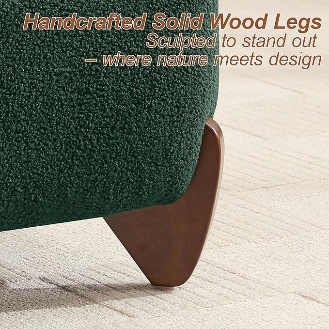 28.7" Sherpa Boucle Ottoman with Solid Wood Legs, Modern Upholstered Footstool, Comfy Ottoman for Living Room, Bedroom, Green