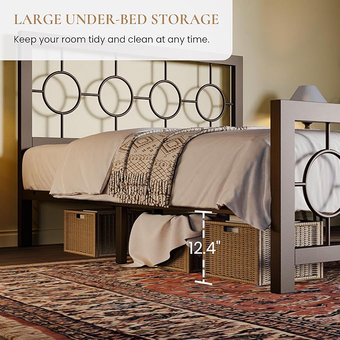 SHA CERLIN Full Size Metal Bed Frame with Vintage Circular Design Headboard and Footboard,No Box Spring Required,Easy Assembly,Noise-Free,Brown